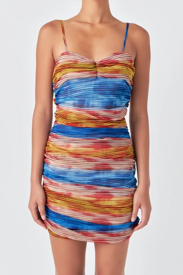 GREY LAB Tops*- Striped Mesh Mini Dress with Ruched Detail MULTI