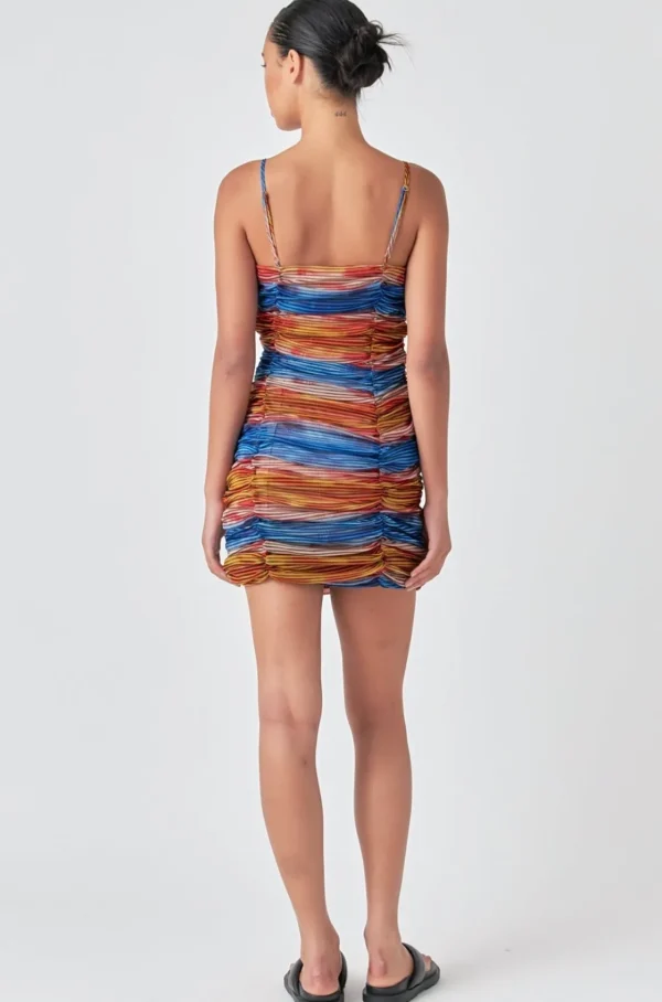 GREY LAB Tops*- Striped Mesh Mini Dress with Ruched Detail MULTI