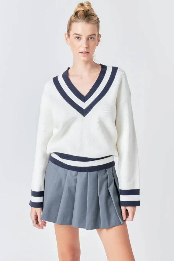 GREY LAB Sweaters & Knits | Tops*- Striped V-neck Knit Sweater WHITE/NAVY