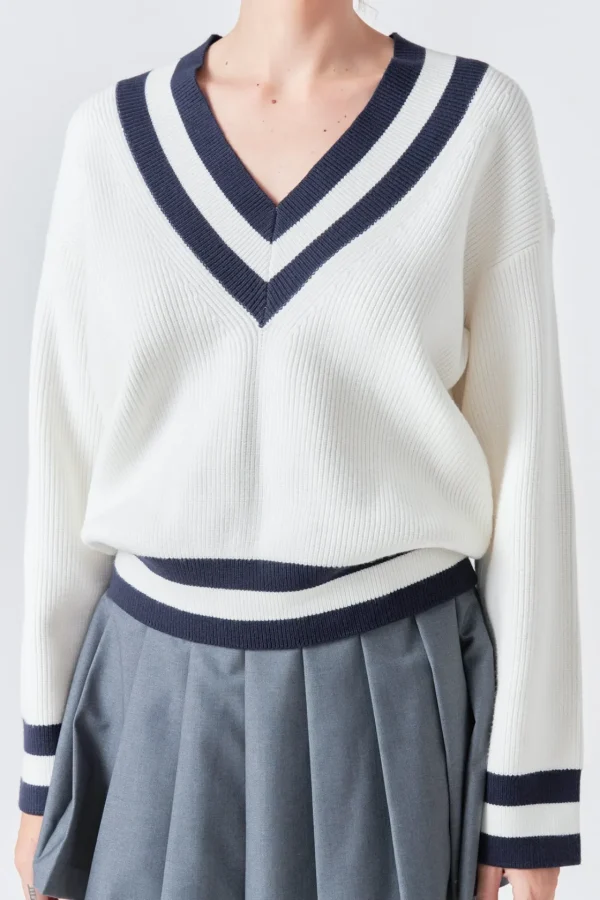 GREY LAB Sweaters & Knits | Tops*- Striped V-neck Knit Sweater WHITE/NAVY