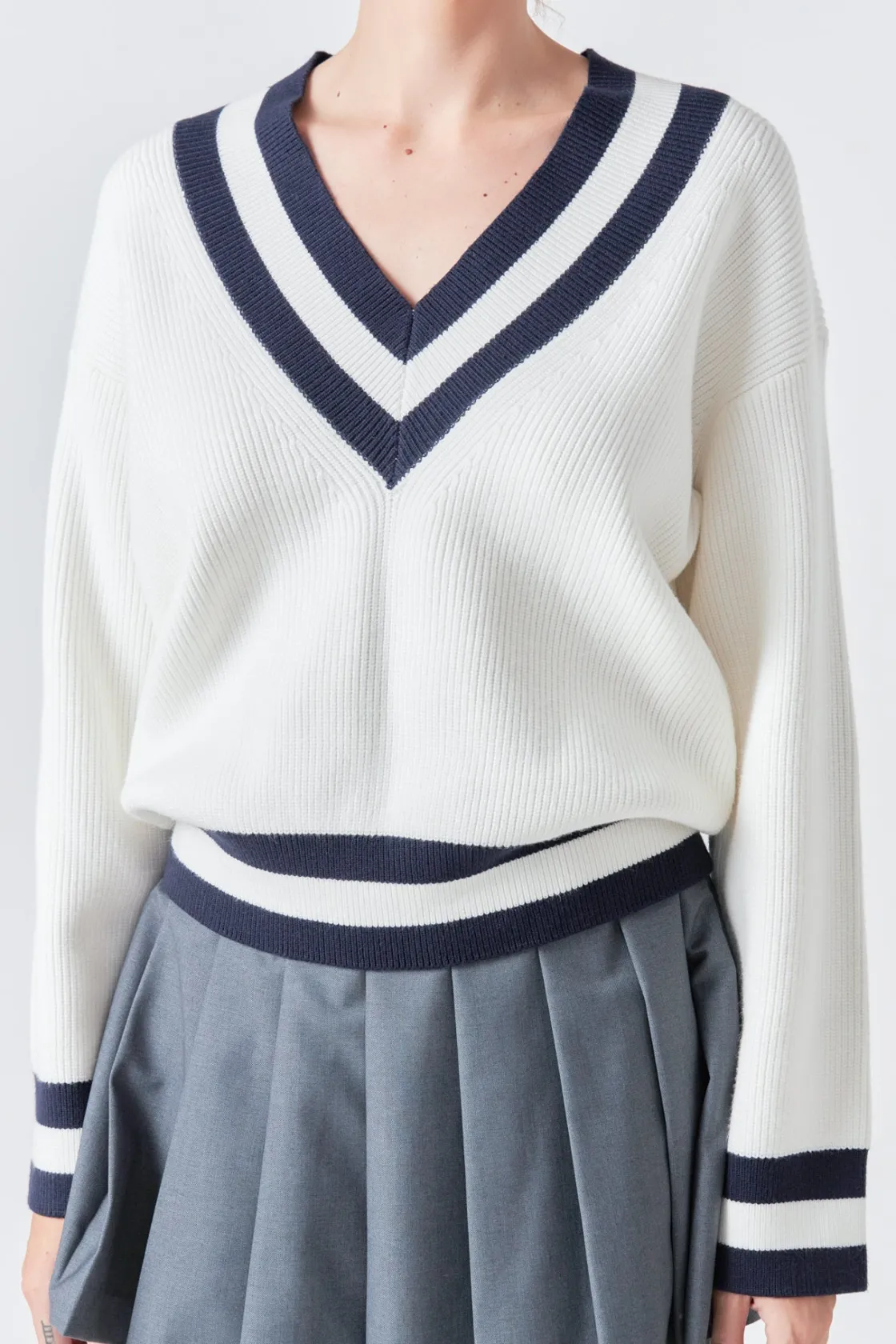 grey_lab__striped_vneck_k_2.webp GREY LAB Sweaters & Knits | Tops*- Striped V-neck Knit Sweater WHITE/NAVY