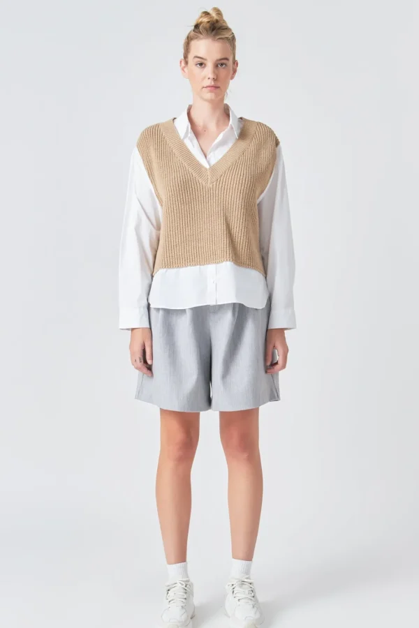GREY LAB Shirts & Blouses | Tops*- Sweater Over Shirt TAN/WHITE