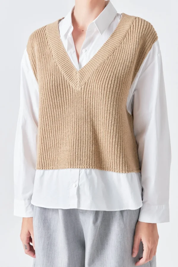 GREY LAB Shirts & Blouses | Tops*- Sweater Over Shirt TAN/WHITE