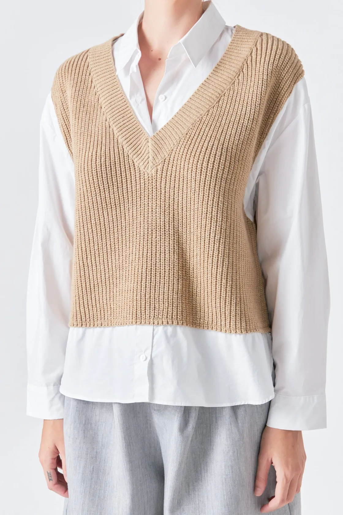 grey_lab__sweater_over_sh_1.webp GREY LAB Shirts & Blouses | Tops*- Sweater Over Shirt TAN/WHITE