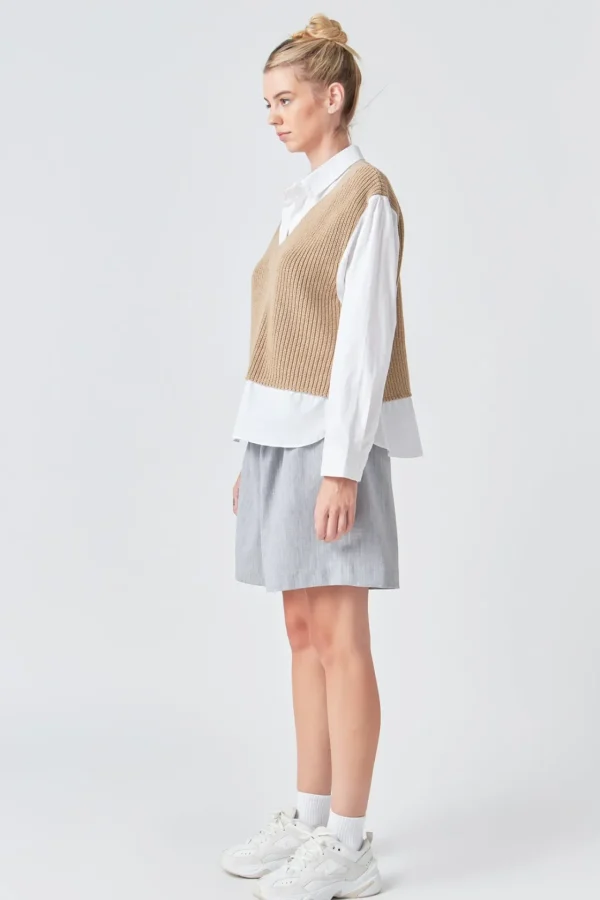 GREY LAB Shirts & Blouses | Tops*- Sweater Over Shirt TAN/WHITE