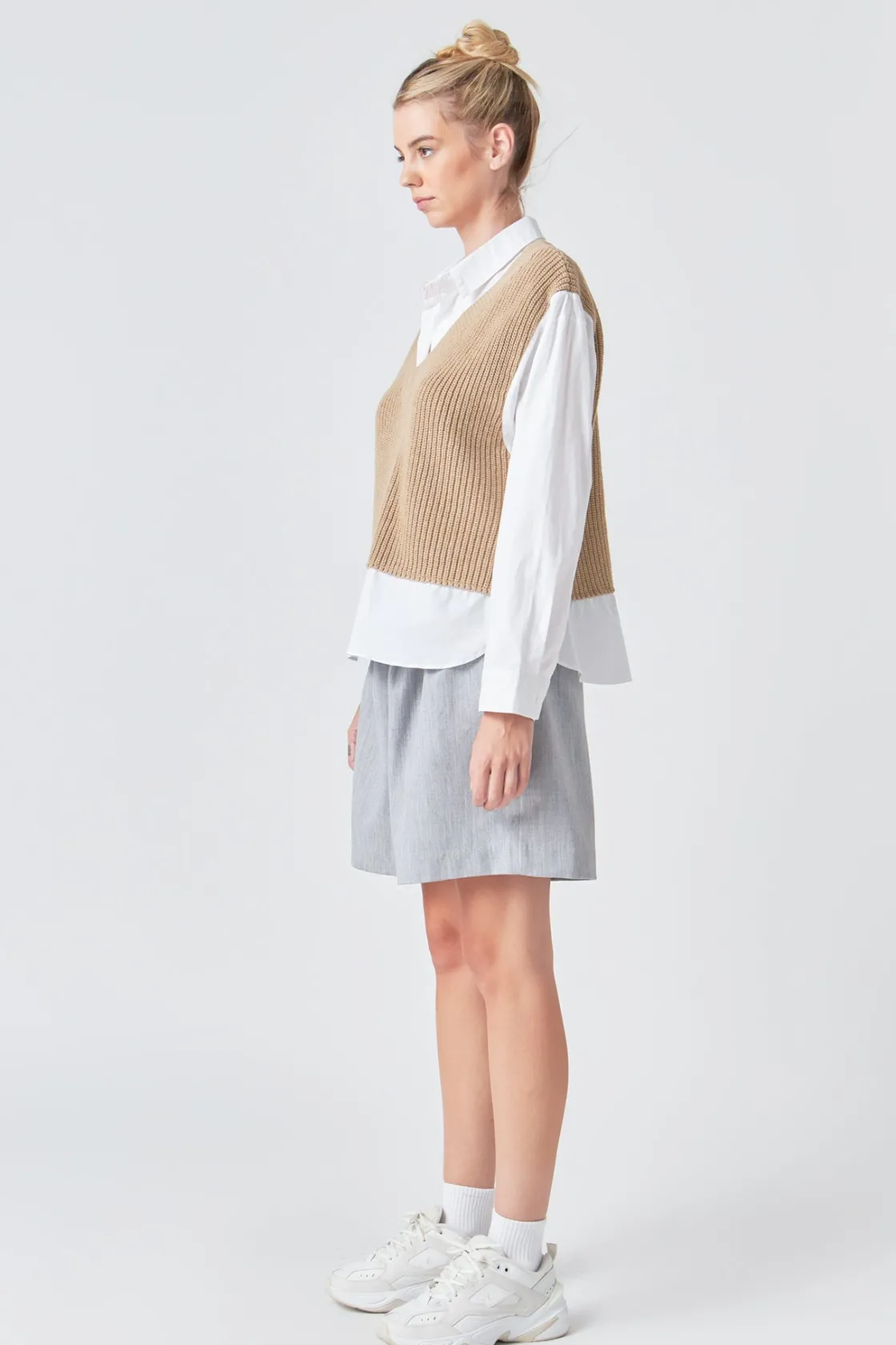 grey_lab__sweater_over_sh_2.webp GREY LAB Shirts & Blouses | Tops*- Sweater Over Shirt TAN/WHITE