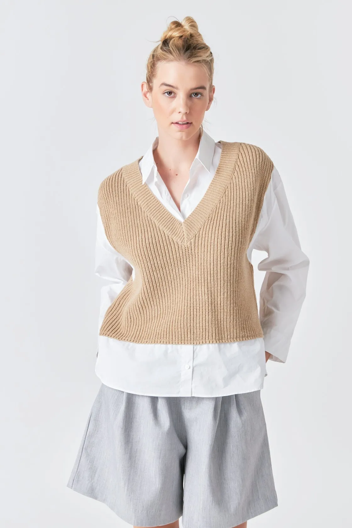 grey_lab__sweater_over_sh_3.webp GREY LAB Shirts & Blouses | Tops*- Sweater Over Shirt TAN/WHITE