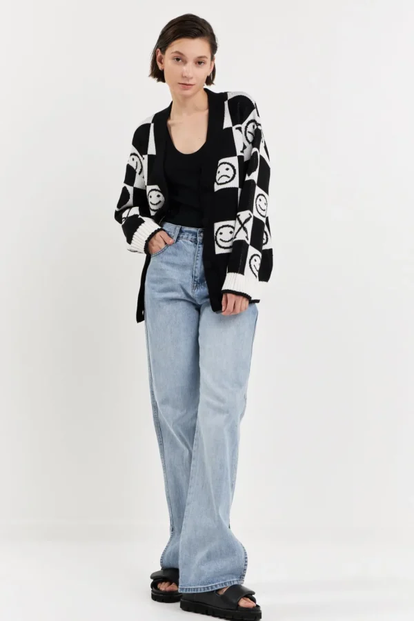 GREY LAB Sweaters & Knits | Cardigans*- XOXO Smiley Face Cardigan BLACK/WHITE