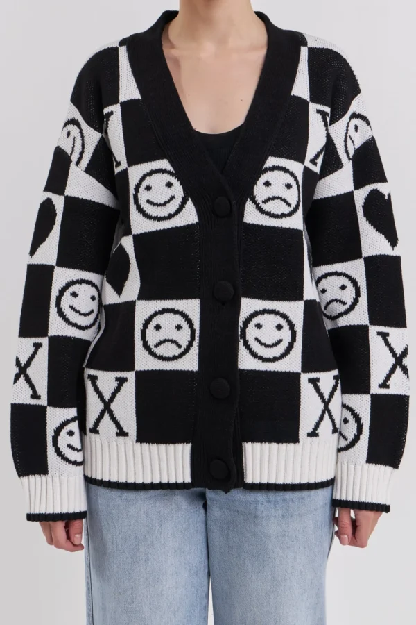GREY LAB Sweaters & Knits | Cardigans*- XOXO Smiley Face Cardigan BLACK/WHITE