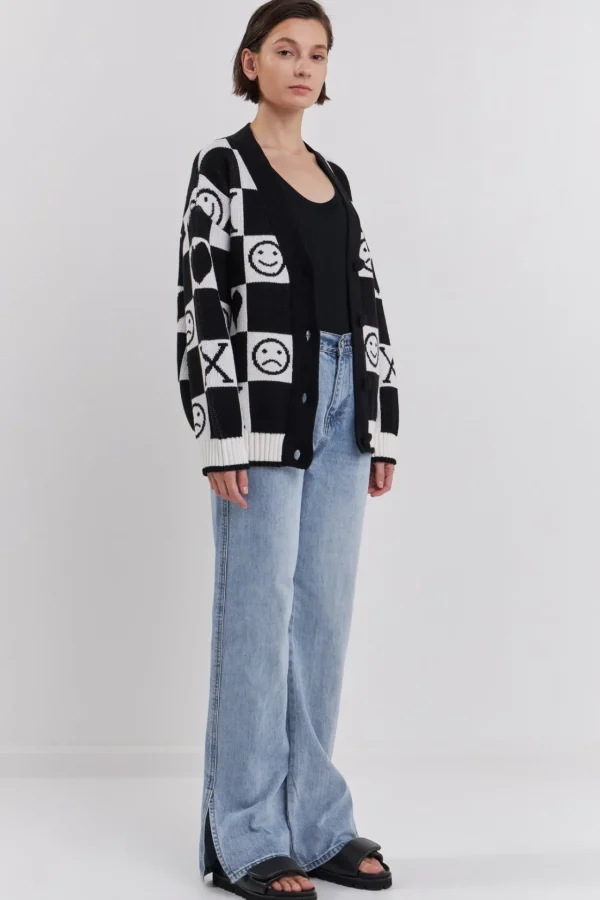 GREY LAB Sweaters & Knits | Cardigans*- XOXO Smiley Face Cardigan BLACK/WHITE