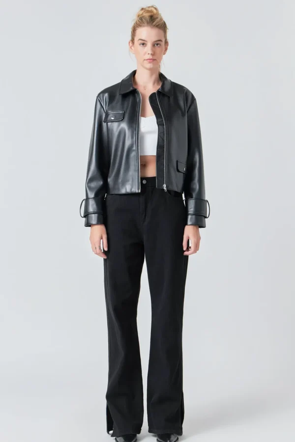 GREY LAB Jackets & Coats | Tops*- Zip Up Cropped Faux Leather Jacket BLACK
