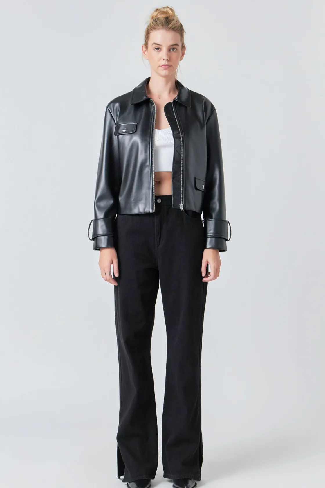 grey_lab__zip_up_cropped__0.webp GREY LAB Jackets & Coats | Tops*- Zip Up Cropped Faux Leather Jacket BLACK