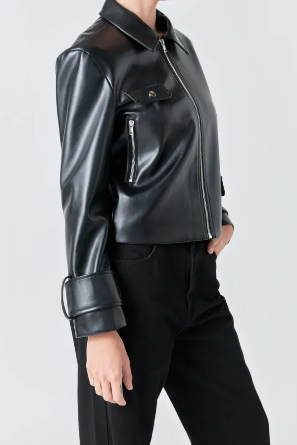 GREY LAB Jackets & Coats | Tops*- Zip Up Cropped Faux Leather Jacket BLACK