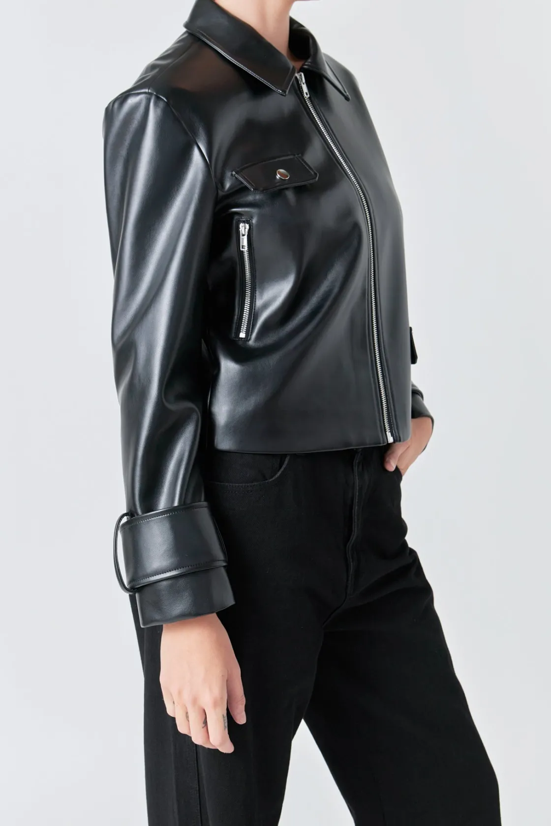 grey_lab__zip_up_cropped__1.webp GREY LAB Jackets & Coats | Tops*- Zip Up Cropped Faux Leather Jacket BLACK