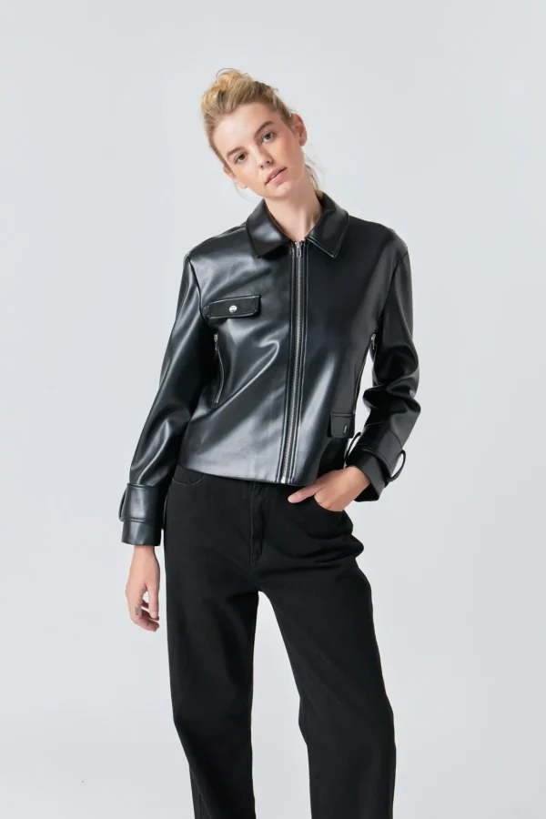 GREY LAB Jackets & Coats | Tops*- Zip Up Cropped Faux Leather Jacket BLACK