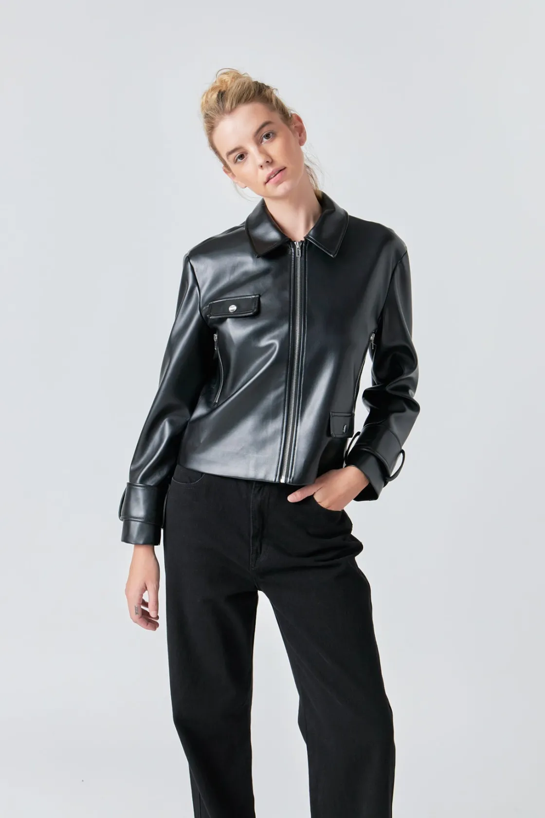 grey_lab__zip_up_cropped__2.webp GREY LAB Jackets & Coats | Tops*- Zip Up Cropped Faux Leather Jacket BLACK