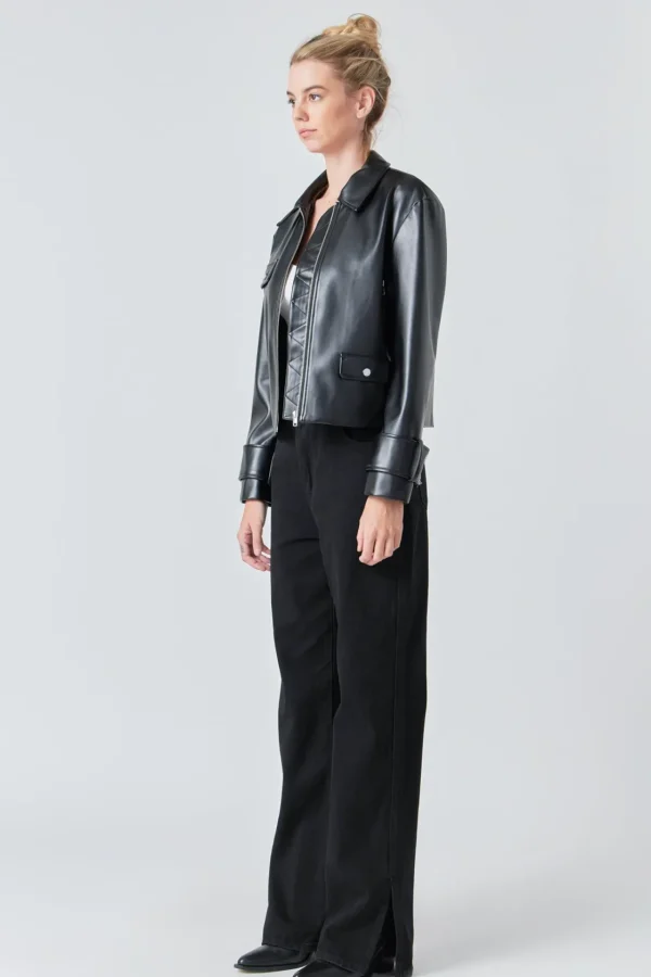 GREY LAB Jackets & Coats | Tops*- Zip Up Cropped Faux Leather Jacket BLACK